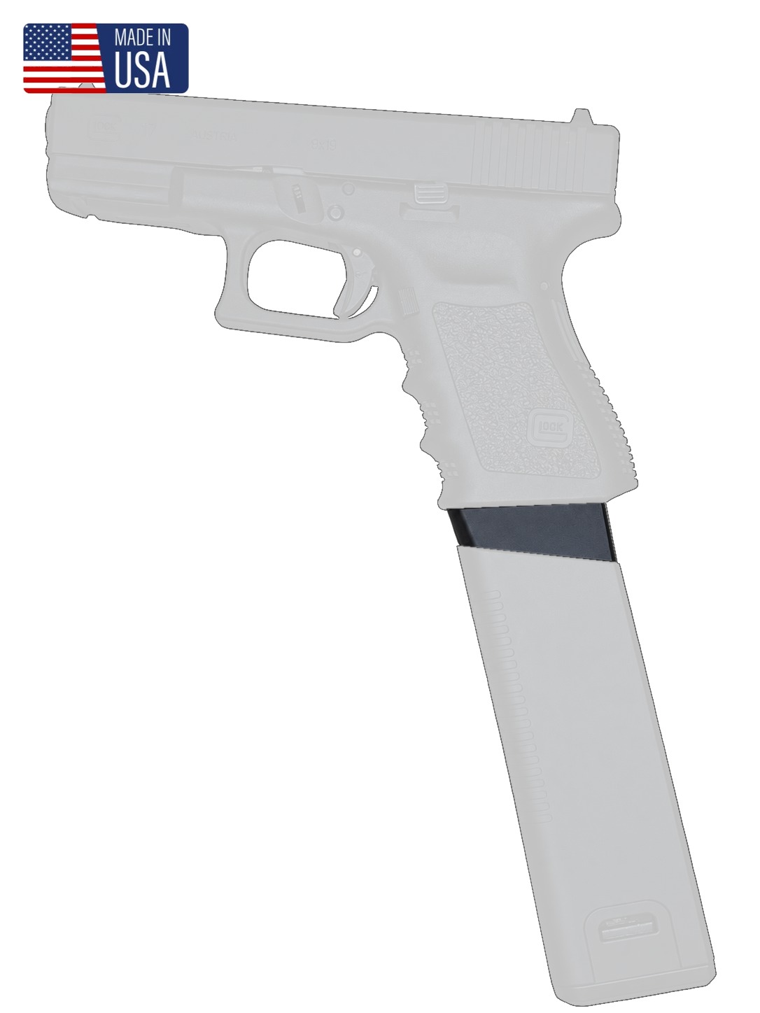 Glock 19 mag gap filler shown solid with gun and KRISS MagEx2 mag see-through, Made in USA